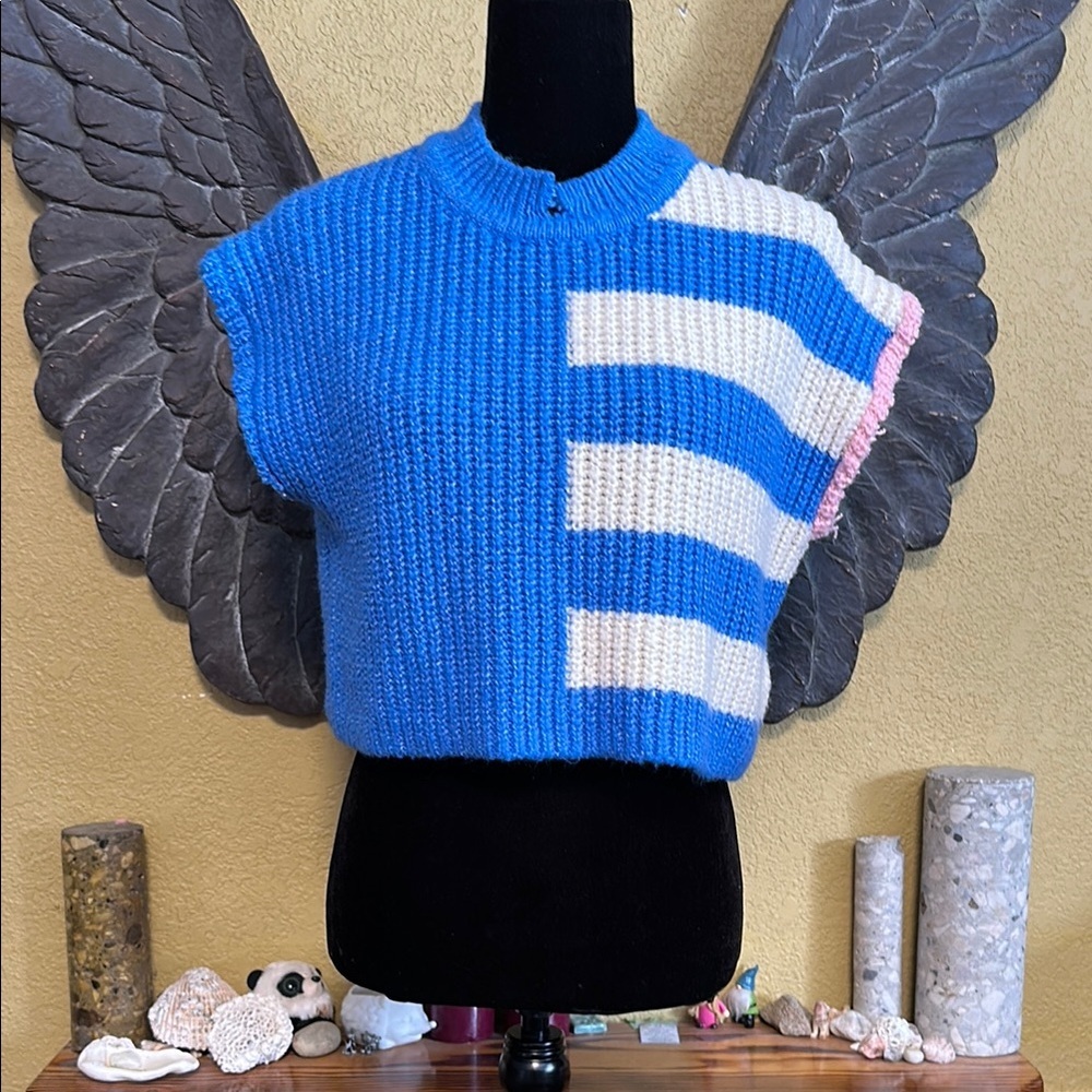Only Blue and White Striped Women's Knit Cropped Sweater
